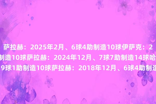 萨拉赫:2025年2月、6球4助制造10球伊萨克:2024年12月、8球2助制造10球萨拉赫:2024年12月、7球7助制造14球哈兰德:2022年8月、9球1助制造10球萨拉赫:2018年12月、6球4助制造10球苏亚雷斯:2013年12月、10球4助制造14球亨利:2004年8月、4球6助制造10球勒蒂希尔:1994年4月、6球5助制造11球    体育赛事直播