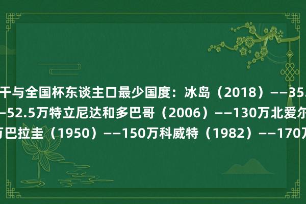 干与全国杯东谈主口最少国度：冰岛（2018）——35.2万佛得角（2026）——52.5万特立尼达和多巴哥（2006）——130万北爱尔兰（1958）——140万巴拉圭（1950）——150万科威特（1982）——170万阿联酋（1990）——190万斯洛文尼亚（2002）——200万乌拉圭（1950）——220万牙买加（1998）——260万    体育集锦